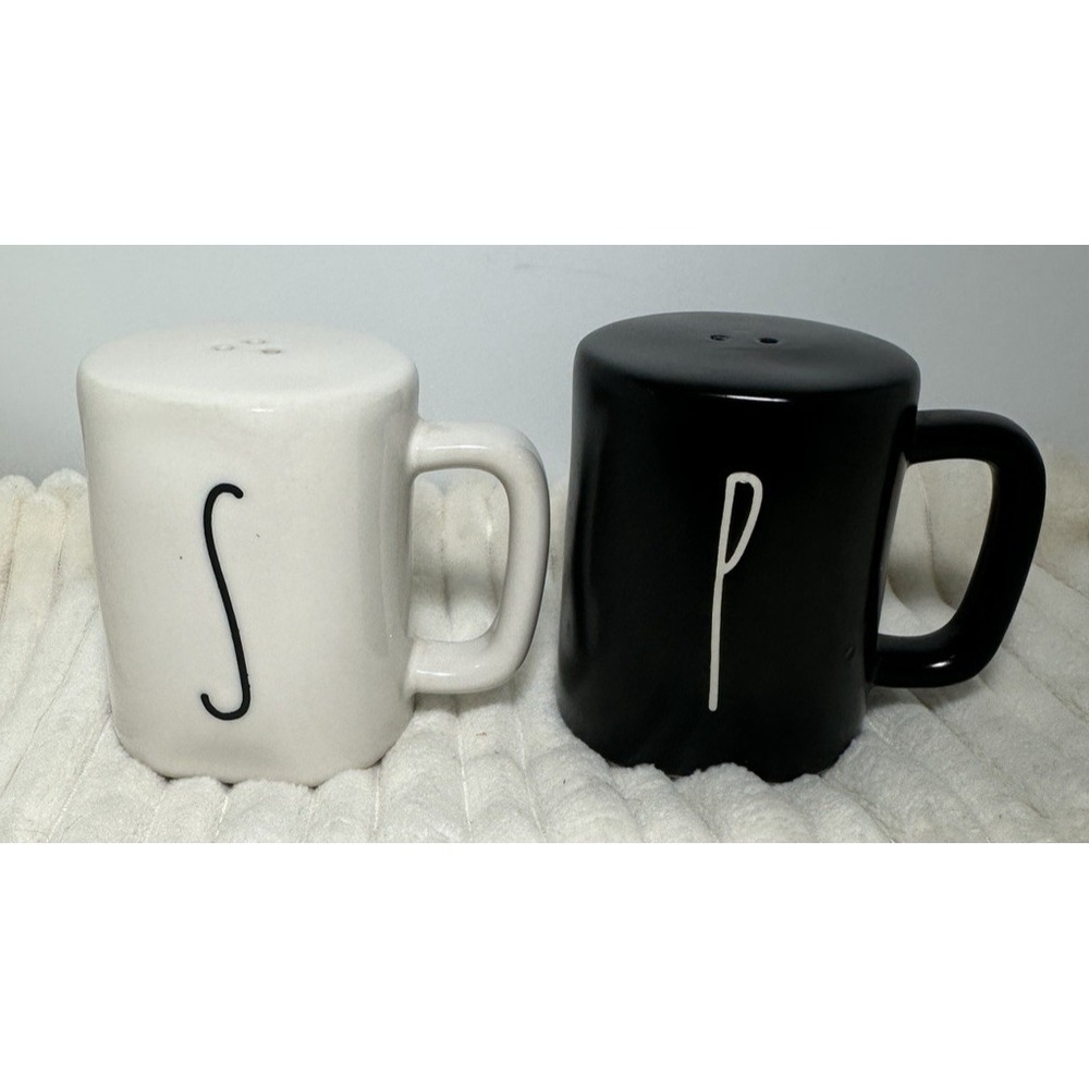 Rae Dunn Ceramic Salt & Pepper Shakers with Handles White Black Great Cond!